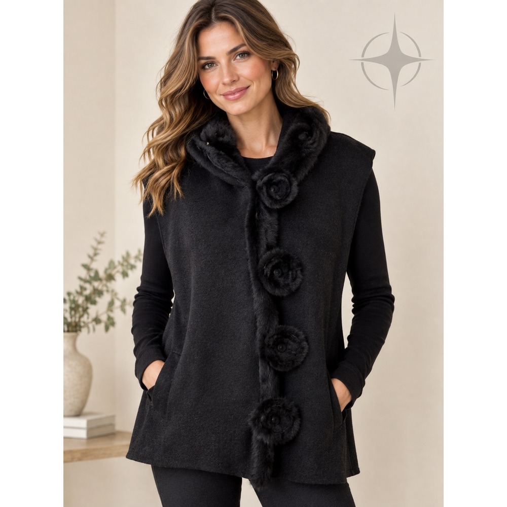 Dolce Cabo Vest Womens M Black Luxury Boho Rabbit Fur Trim Floral Whimsigoth